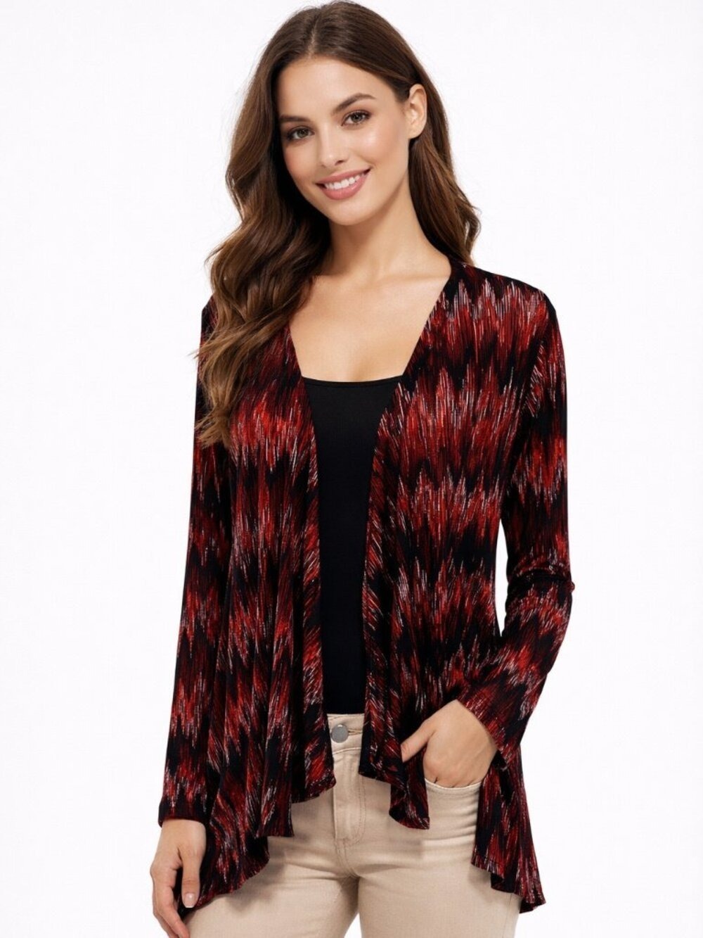 Chico's Easy Wear Red Black Abstract Chevron Open Front Cardigan Jacket Size S